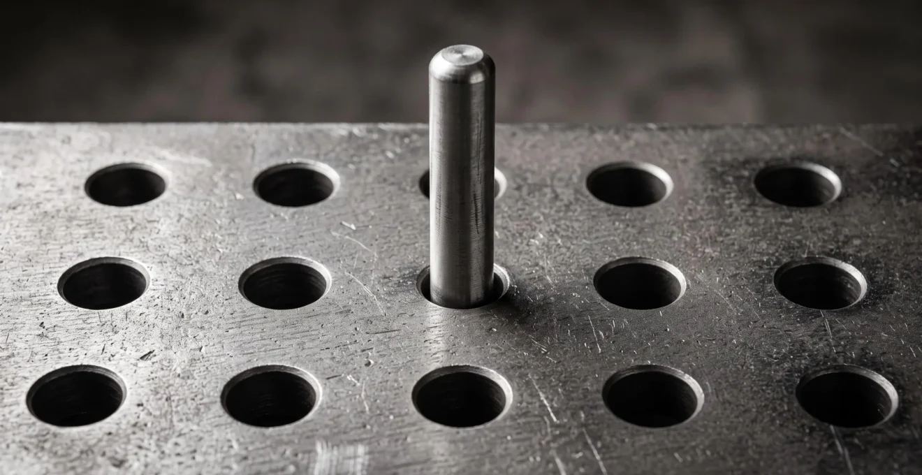 Gros plan surface plateau table soudure acier avec réseau trous perçage D16 (16 mm diamètre, maille 50 mm) et tige positionnement métallique insérée, lumière rasante soulignant précision usinage