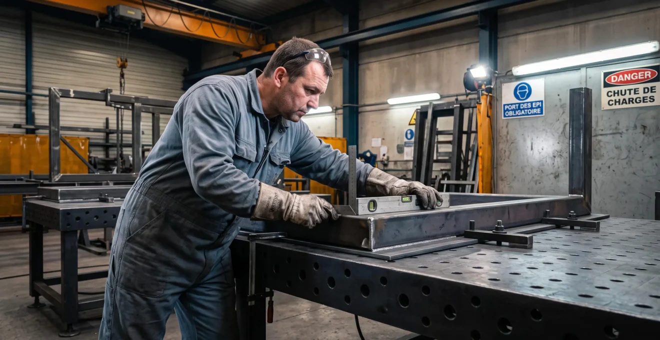 Soudeur professionnel ajustant grande structure métallique en L sur table soudure industrielle GPPH, atelier chaudronnerie français avec structures en cours fabrication et équipements lourds en arrière-plan
