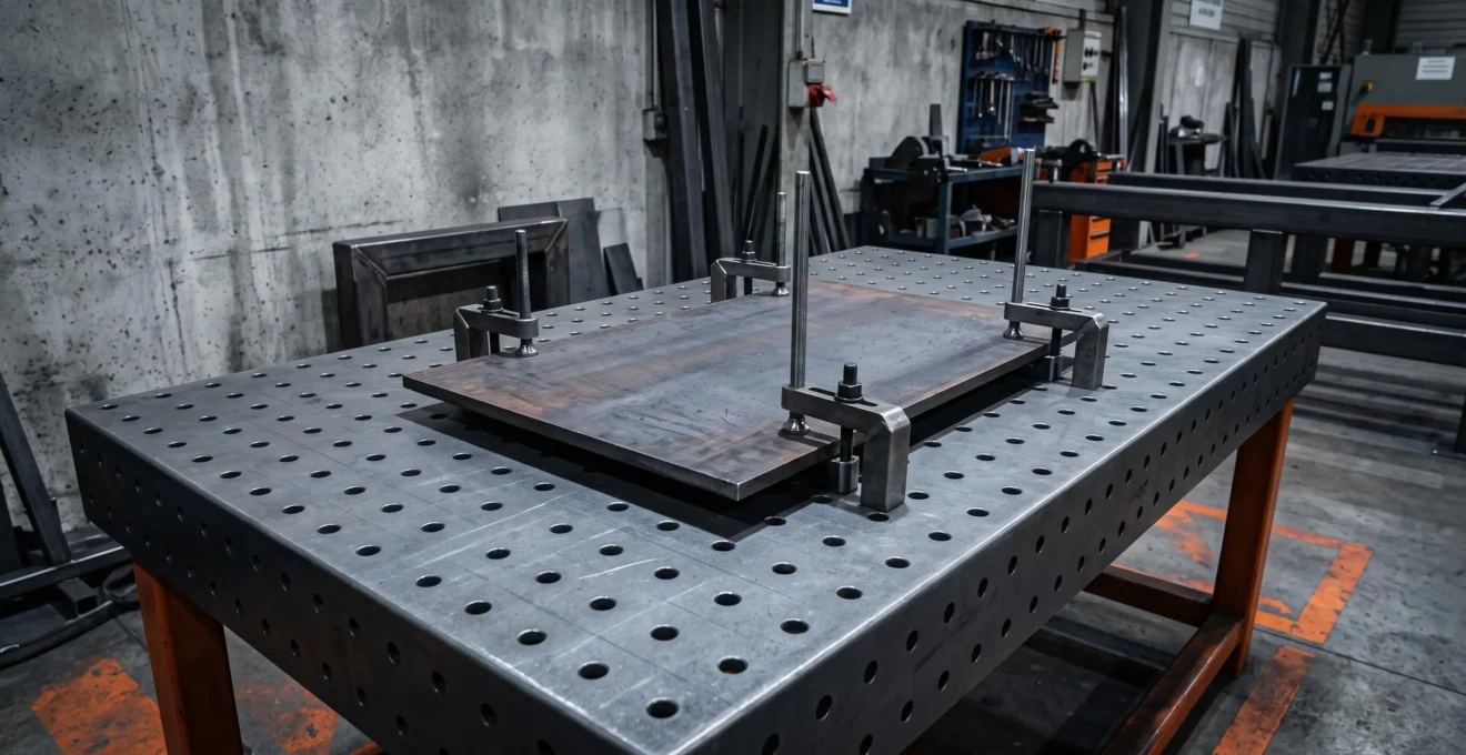 Table de soudure industrielle avec plateau acier anthracite perforé système D16, pièce métallique rectangulaire maintenue par brides de serrage et tiges de positionnement, atelier de chaudronnerie français contemporain avec éclairage LED professionnel