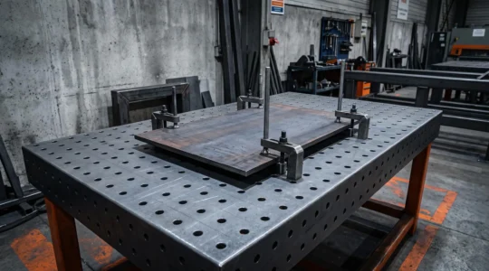 Table de soudure industrielle avec plateau acier anthracite perforé système D16, pièce métallique rectangulaire maintenue par brides de serrage et tiges de positionnement, atelier de chaudronnerie français contemporain avec éclairage LED professionnel