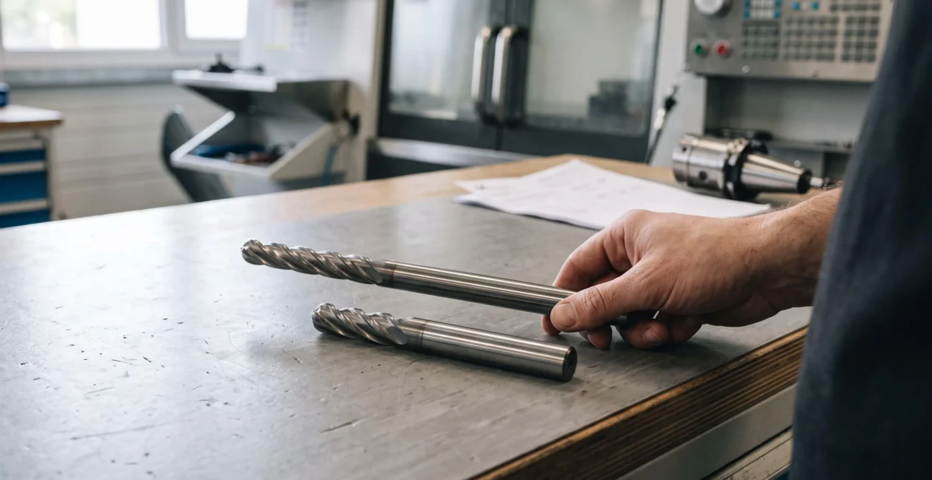 Un usineur compare une fraise à bout sphérique longue et une version standard posées sur un établi d'atelier.