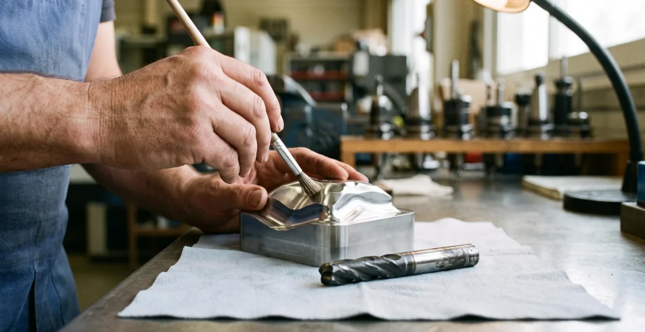 Un technicien inspecte la surface fraisée d'une pièce métallique sculptée à côté d'une fraise boule usagée.
