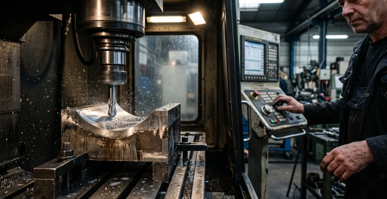 Une fraise à bout sphérique usine la surface courbe d'une pièce métallique sur un centre d'usinage CNC dans un atelier.