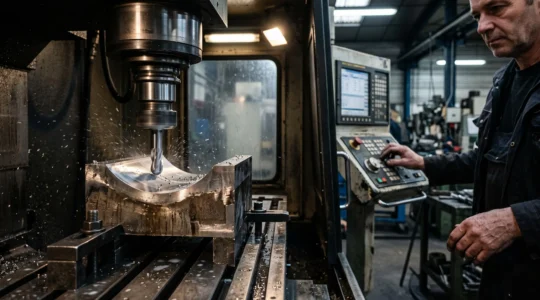 Une fraise à bout sphérique usine la surface courbe d'une pièce métallique sur un centre d'usinage CNC dans un atelier.