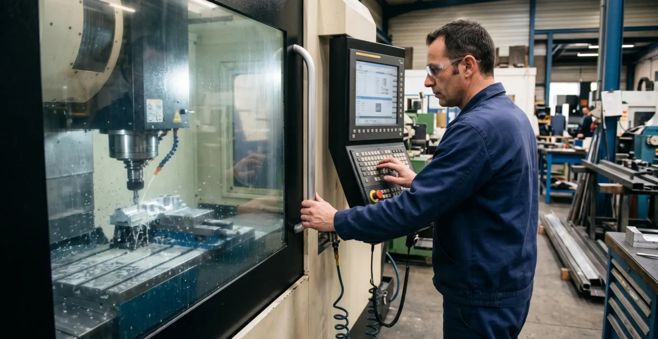 Un usineur règle les paramètres de coupe sur le pupitre d'un centre d'usinage CNC en tenant une pièce témoin.